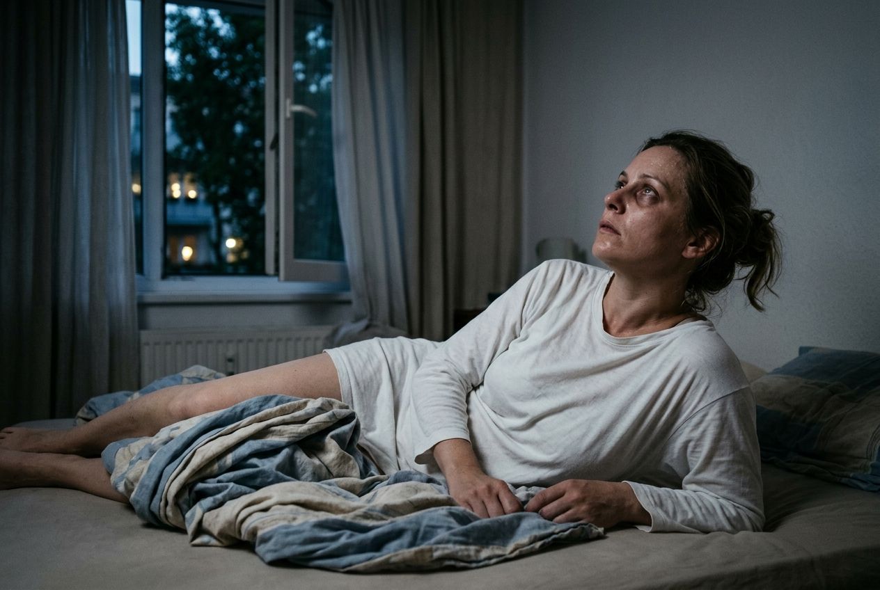Femme allongée éveillée dans son lit la nuit, incapable de dormir à cause de la chaleur